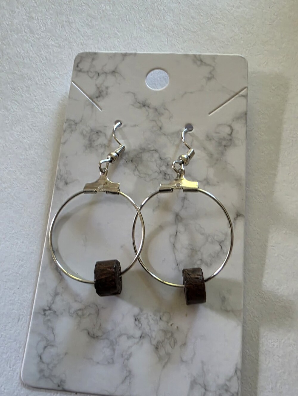 Silver Hoop Earrings with Brown Wooden Bead